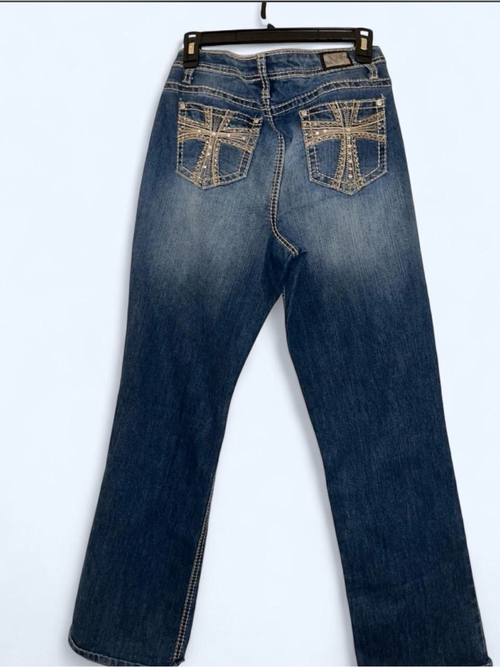 Earl Jean Size 10 Y2K Blue Jeans Embroidered Cross Back Pockets Faded Denim